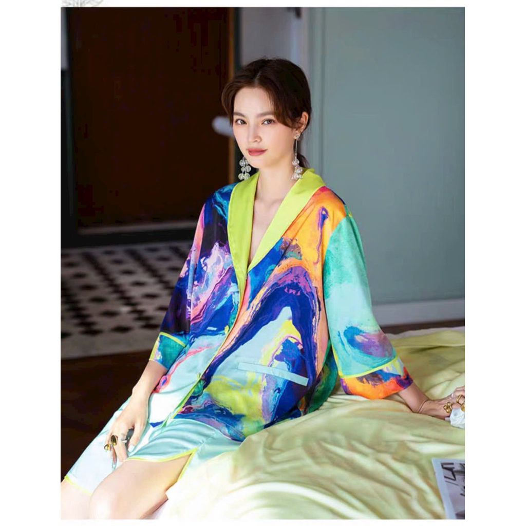 Bộ lụa đùi pyjama lụa mặc nhà màu sắc rực rỡ cao cấp