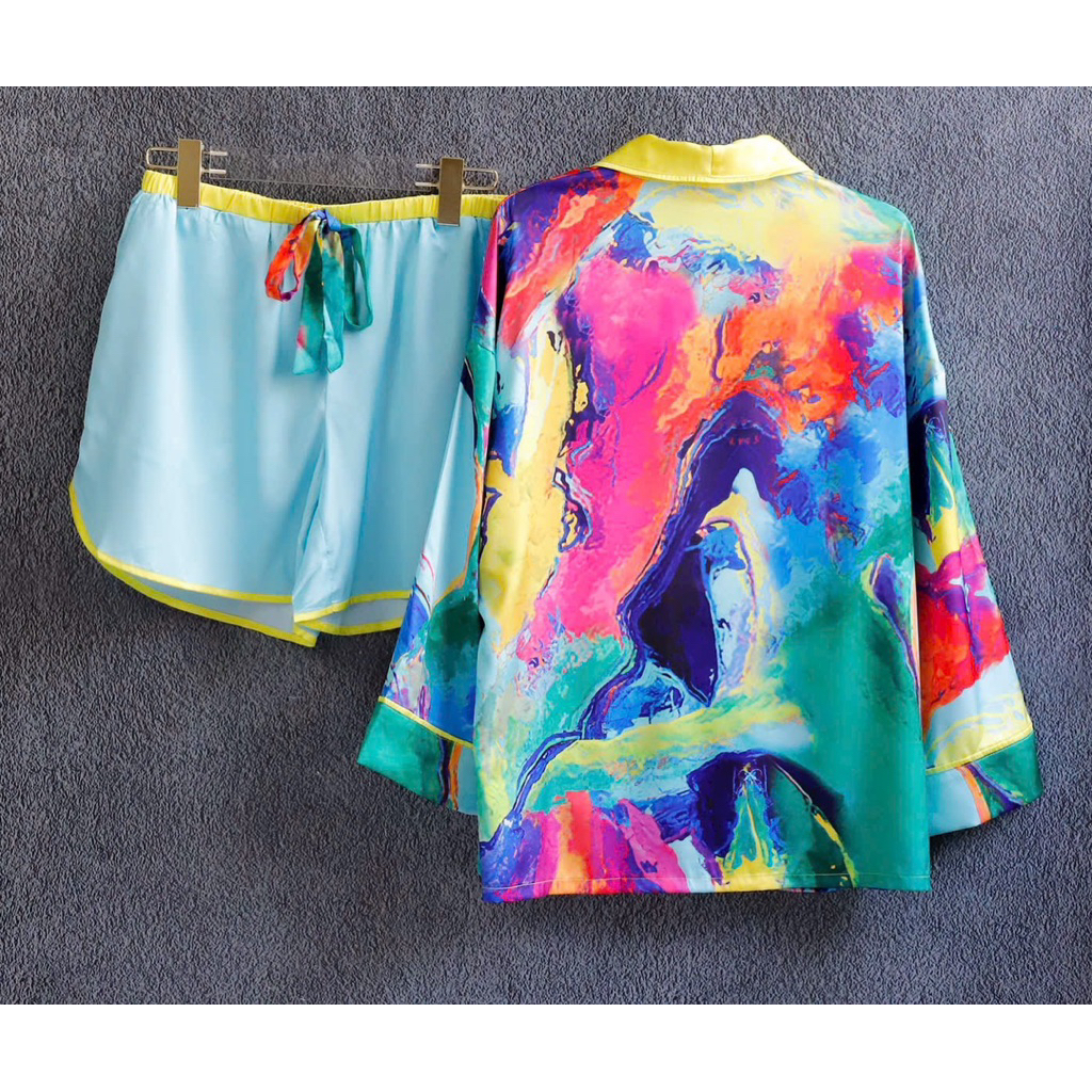 Bộ lụa đùi pyjama lụa mặc nhà màu sắc rực rỡ cao cấp
