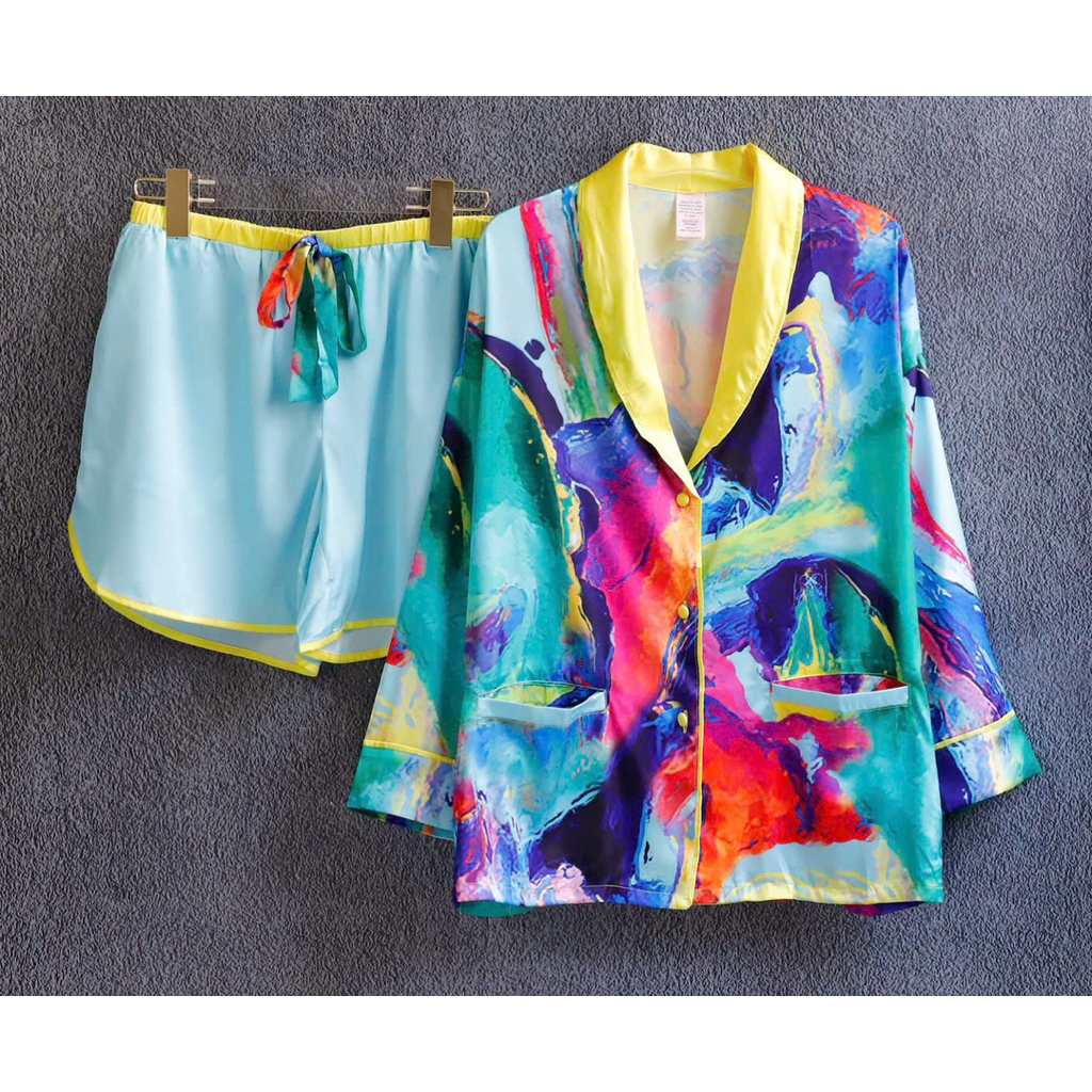 Bộ lụa đùi pyjama lụa mặc nhà màu sắc rực rỡ cao cấp
