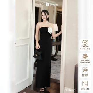 Đầm quây Khiết Style tone đen thanh lịch, thiết kế dáng ôm nhẹ phối hoa 3D xếp lớp sang trọng KD446