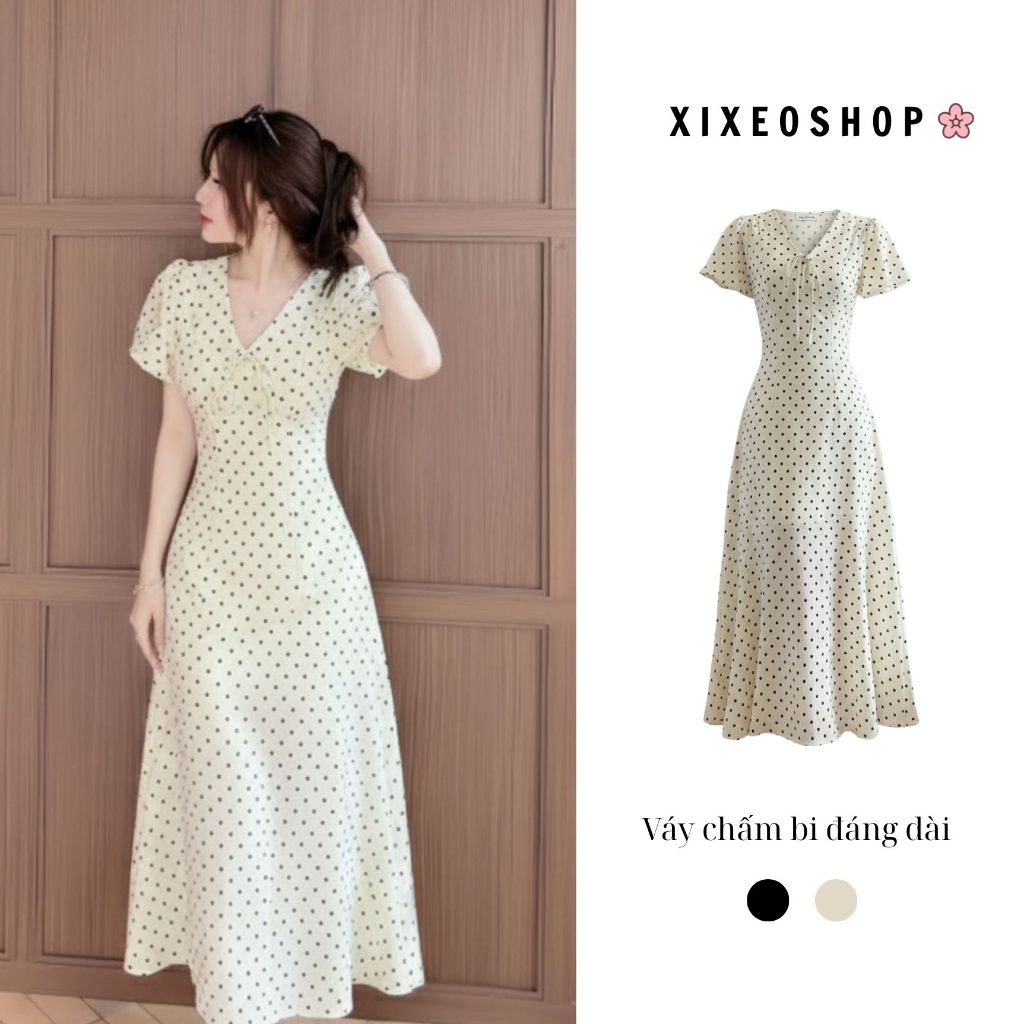 Váy chấm bi XIXEOSHOP dáng dài và dáng ngắn cổ V tay phồng hàn quốc xixeoshop - V55