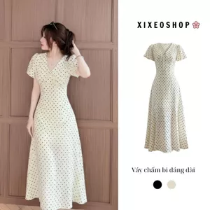 Váy chấm bi XIXEOSHOP dáng dài và dáng ngắn cổ V tay phồng hàn quốc xixeoshop - V55
