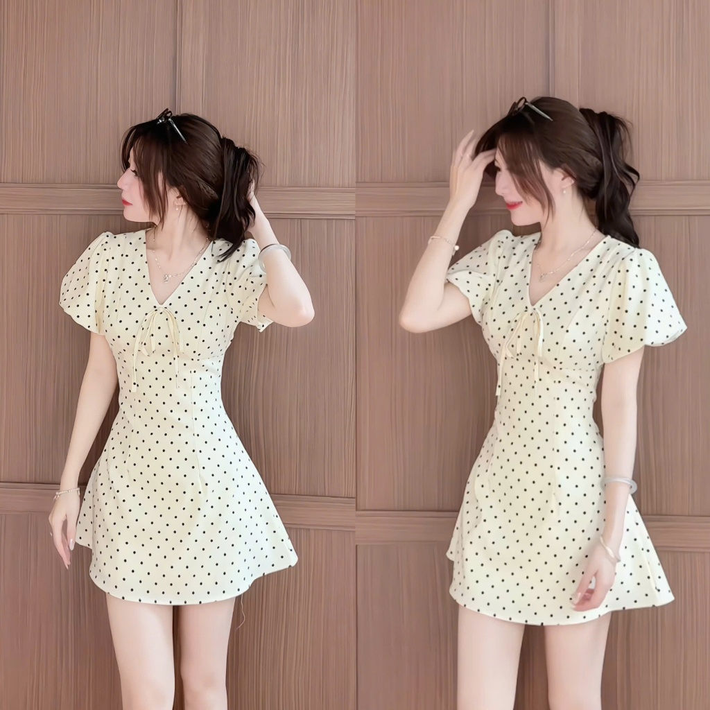 Váy chấm bi XIXEOSHOP dáng dài và dáng ngắn cổ V tay phồng hàn quốc xixeoshop - V55