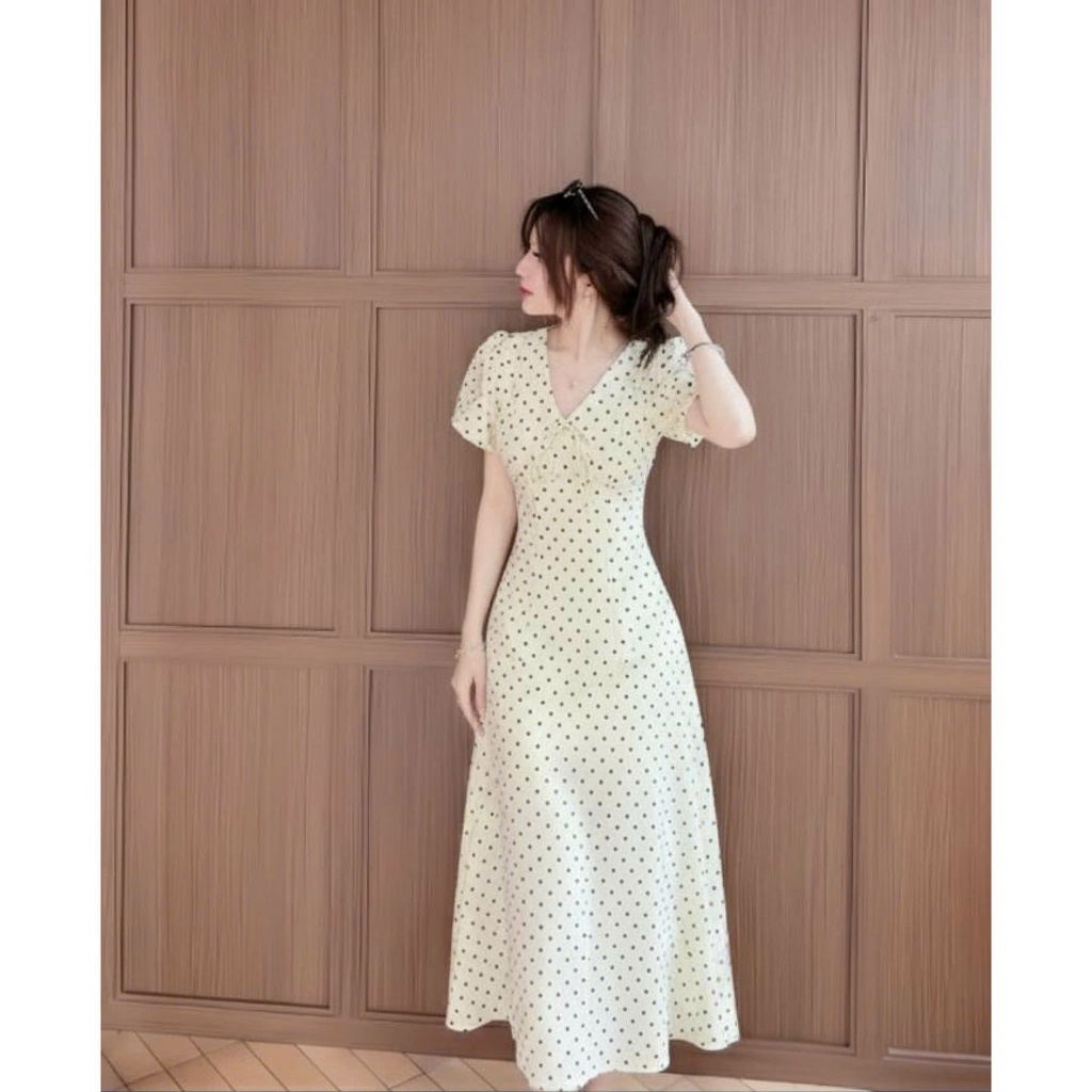 Váy chấm bi XIXEOSHOP dáng dài và dáng ngắn cổ V tay phồng hàn quốc xixeoshop - V55