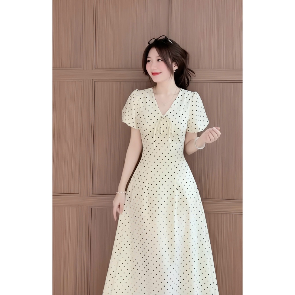 Váy chấm bi XIXEOSHOP dáng dài và dáng ngắn cổ V tay phồng hàn quốc xixeoshop - V55
