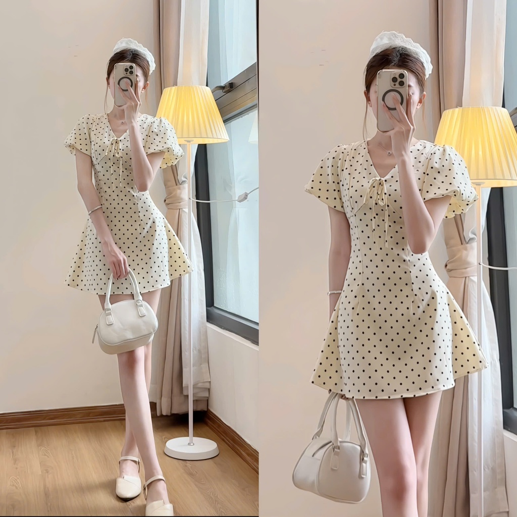 Váy chấm bi XIXEOSHOP dáng dài và dáng ngắn cổ V tay phồng hàn quốc xixeoshop - V55