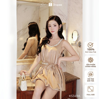 Set váy Khiết Style lụa trượt nâu be phối belt ngọc trai phong cách sang chảnh thanh lịch KS349A