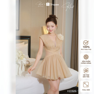 Đầm tơ nâu Khiết Style nhún ly xòe phối hoa 3D phong cách tiệc tùng nữ tính KD325