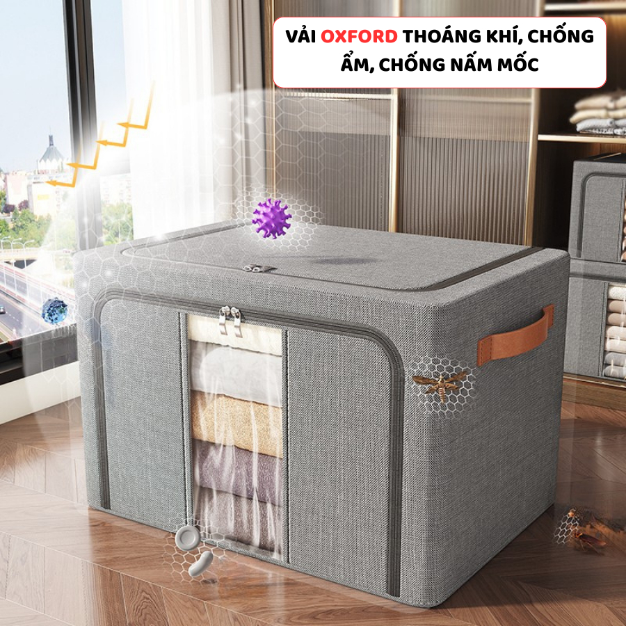Hộp Vải Oxford Đựng Quần Áo Khung Thép Dày ENODA HOME, Hộp Vải Lưu Trữ Quần Áo Cao Cấp Kích Thước Lớn 66L-100L HV143