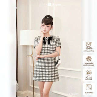 Đầm tweed ánh kim phom suông phối nơ nhung đen đính đá lấp lánh phong cách tiểu thư sang chảnh Khiết KD409