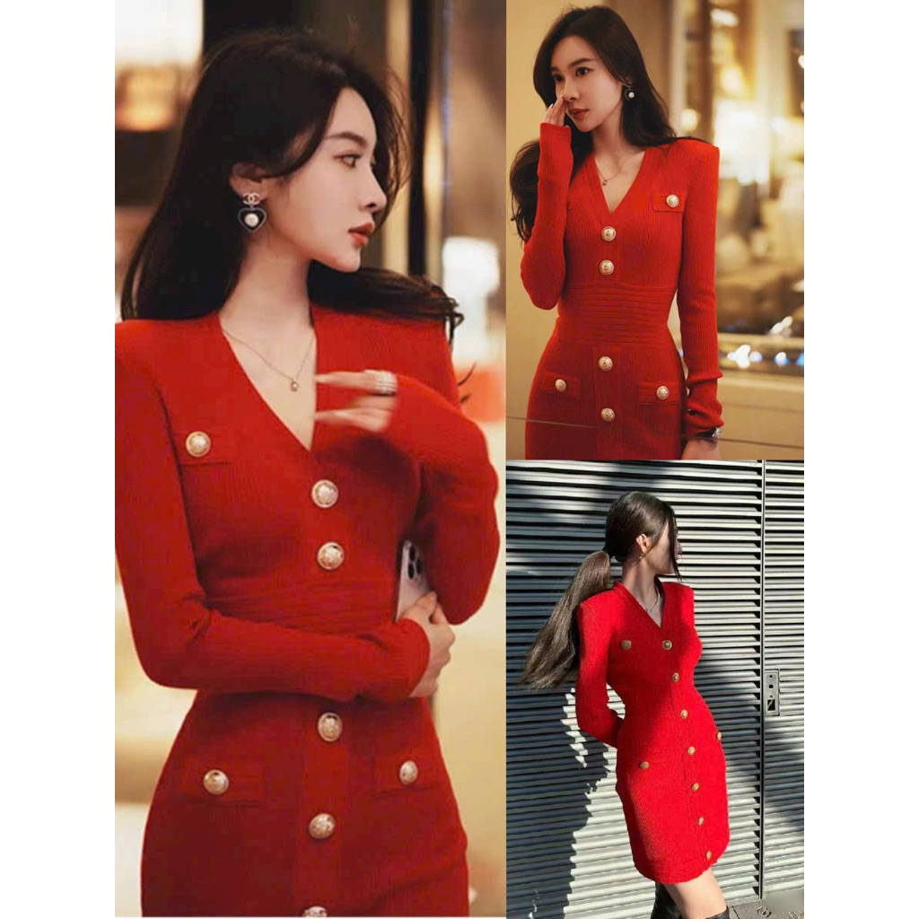 Đầm body len nút tay dài sieu cap màu đỏ đen