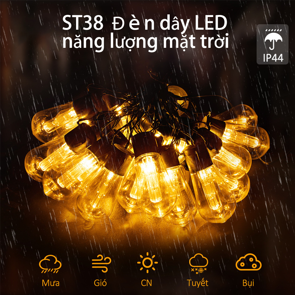 ST38 Đèn Dây LED Năng Lượng Mặt Trời 8 Chế Độ, IP65,Điều Chỉnh Độ Sáng, Đèn Trang Trí Sân Vườn Ban Công Tiệc Ngoài Trời