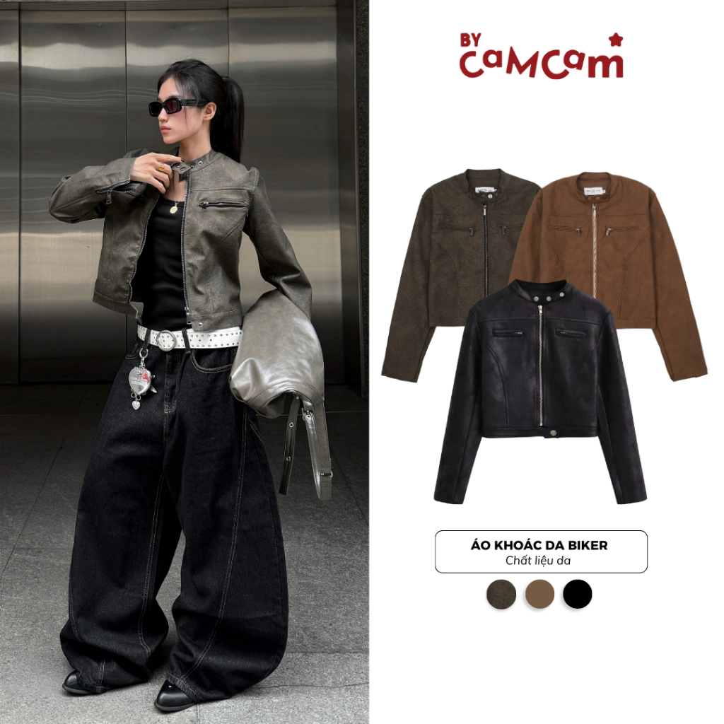 Áo Khoác Da 𝑩𝒚𝒄𝒂𝒎𝒄𝒂𝒎 Biker Dáng Ngắn Croptop Thời Trang Nữ AKHD047