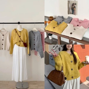 Áo cardigan dáng rộng cổ tròn phối cúc to dài tay basic len xù mềm cho nữ mùa thu đông CD104