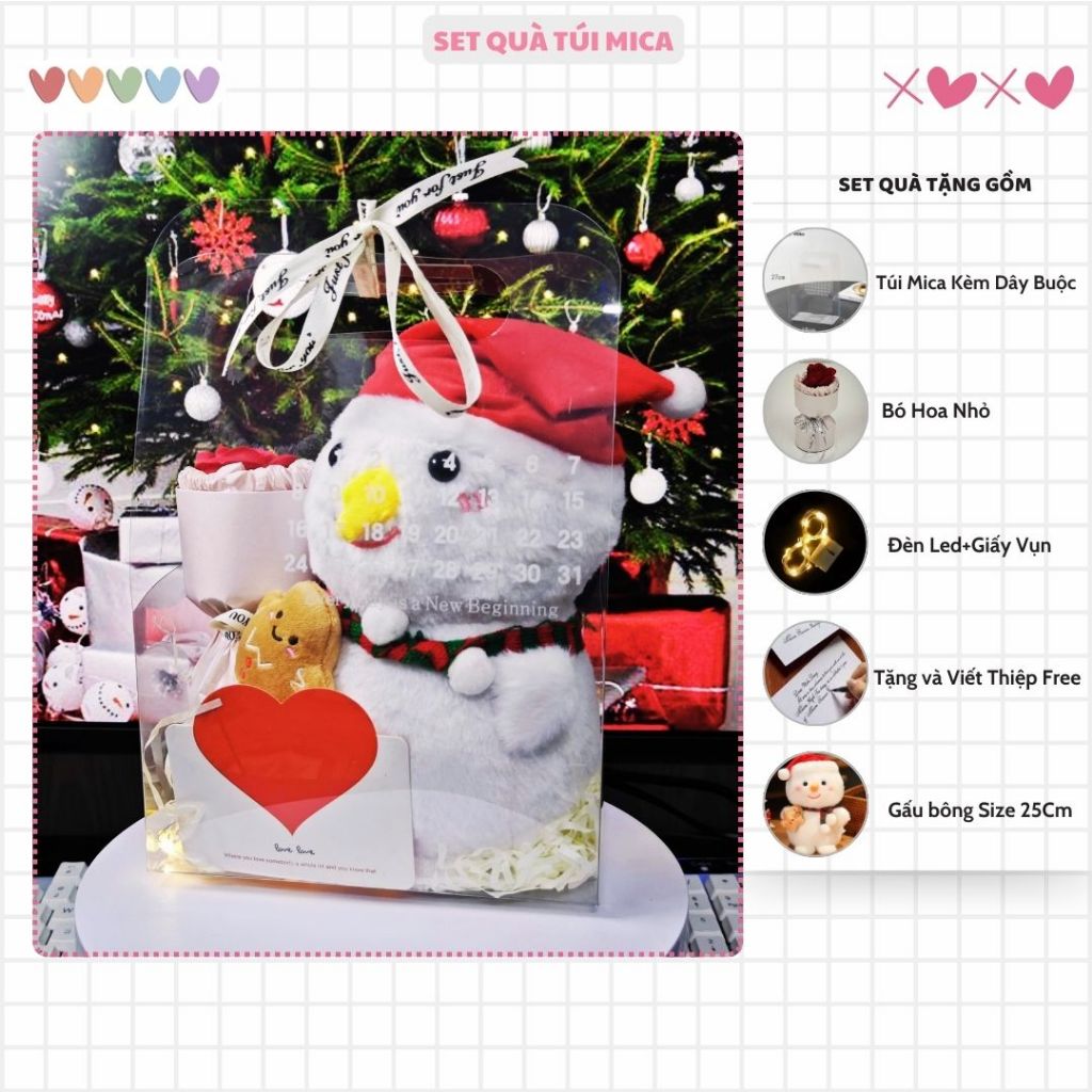 Set Quà Tặng Gấu Bông Giáng Sinh Noel Túi Mica Kèm Bó Hoa,Đèn Led,Thiệp Quà Tặng Cho Bé,Bạn Gái, Người Thân Ngày Noel