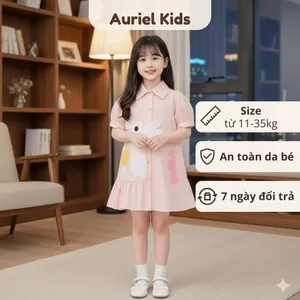 Váy Cho Bé Gái , Váy SơMi Cho Bé Gái Thiết Kế Dáng Sơ Mi Họa Tiết Thỏ Thêu Nổi Chất Liệu Cotton 100%