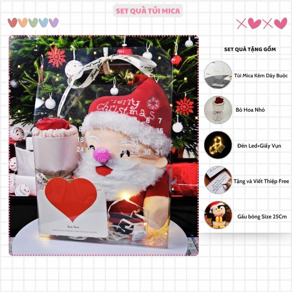Túi Set Gấu Bông Quà Tặng Giáng Sinh Noel Hộp Mica Trong Suốt Làm Quà Tặng Cho Trẻ Em, Em Bé,Người Thân Dịp Noel, Bobesu