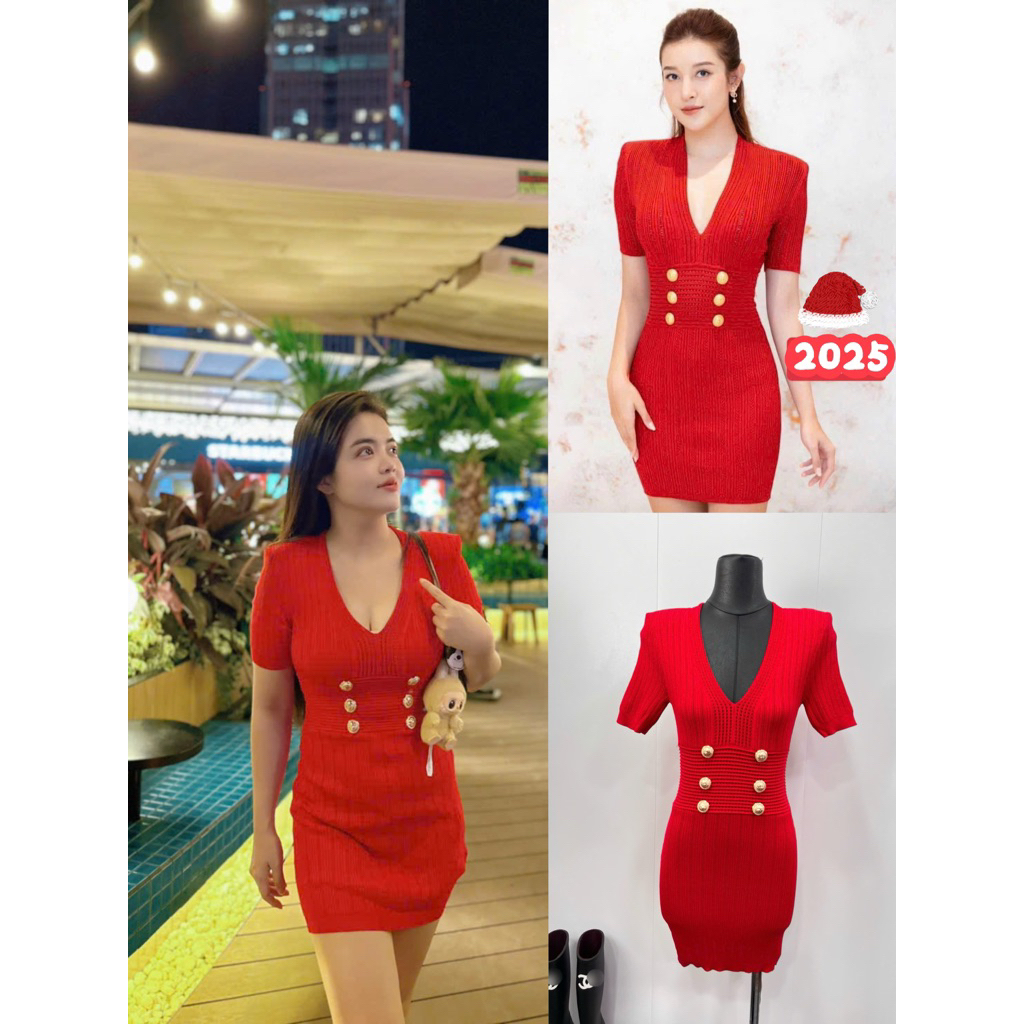 Đầm len nút tay ngắn siu cấp màu đỏ xanh
