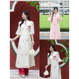 Set áo dài thời trang Nữ chuẩn vibe Tết áo tơ thêu cổ trụ truyền thống tay loe nhẹ mix quần lụa satin dài rộng suông