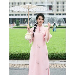 Set áo dài thời trang Nữ chuẩn vibe Tết áo tơ thêu cổ trụ truyền thống tay loe nhẹ mix quần lụa satin dài rộng suông