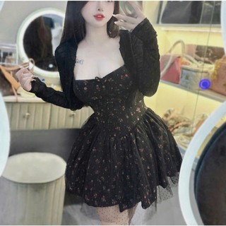 Đầm mini thời trang Nữ mặc đi chơi chất voan 2 dây in hoa nhí phối tùng lưới xòe kèm áo khoác hột cardigan che nắng