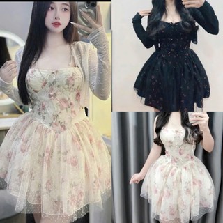 Đầm mini thời trang Nữ mặc đi chơi chất voan 2 dây in hoa nhí phối tùng lưới xòe kèm áo khoác hột cardigan che nắng