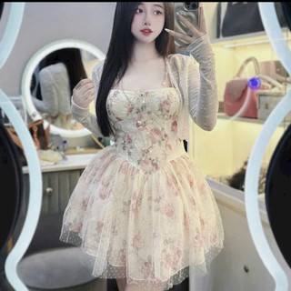 Đầm mini thời trang Nữ mặc đi chơi chất voan 2 dây in hoa nhí phối tùng lưới xòe kèm áo khoác hột cardigan che nắng