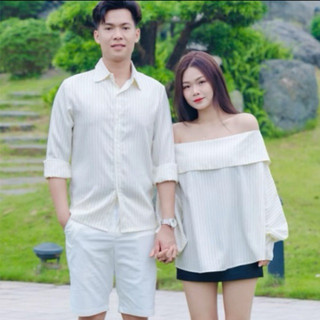 (S - 42)[ GIÁ CẶP ] Set đồ đôi nam nữ couple áo trễ vai kẻ xanh tay bồng dáng dấu quần siêu xinh và áo sơmi nam dài tay