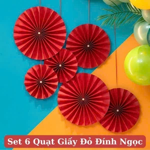 Set 6 Quạt Giấy Đỏ Đính Ngọc