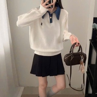 LOU BAE| (HÀNG QC) Áo Len Nữ Tay Dài Phối Cổ Jeans