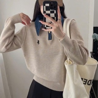 LOU BAE| (HÀNG QC) Áo Len Nữ Tay Dài Phối Cổ Jeans