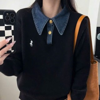 LOU BAE| (HÀNG QC) Áo Len Nữ Tay Dài Phối Cổ Jeans