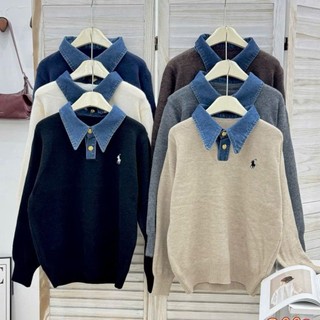 LOU BAE| (HÀNG QC) Áo Len Nữ Tay Dài Phối Cổ Jeans