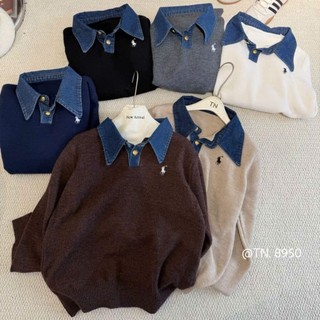 LOU BAE| (HÀNG QC) Áo Len Nữ Tay Dài Phối Cổ Jeans