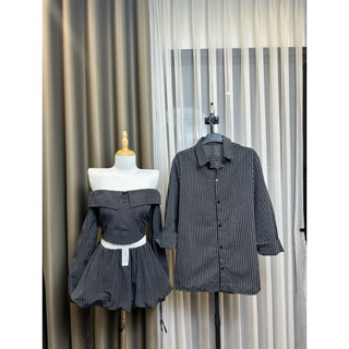 (S - 76)[GIÁ MỞ BÁN] Set đồ đôi nam nữ couple bộ nữ trễ vai tay dày kèm chân váy bí phồng và áo sơmi nam tay dài