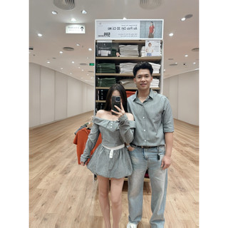 (S - 76)[GIÁ MỞ BÁN] Set đồ đôi nam nữ couple bộ nữ trễ vai tay dày kèm chân váy bí phồng và áo sơmi nam tay dài