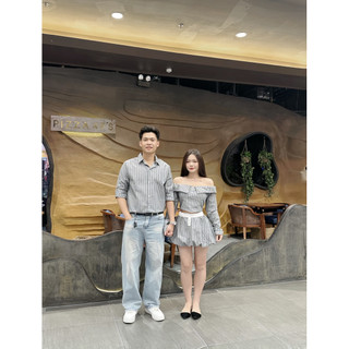 (S - 76)[GIÁ MỞ BÁN] Set đồ đôi nam nữ couple bộ nữ trễ vai tay dày kèm chân váy bí phồng và áo sơmi nam tay dài