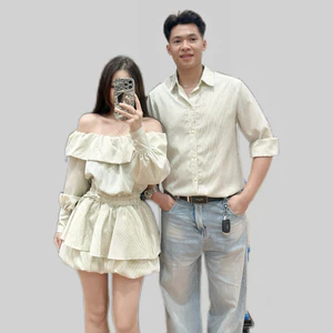 Set đồ đôi nam nữ couple váy jum trễ vai dài tay dáng xoè bo chun eo và áo sơmi nam cổ bẻ tay dài