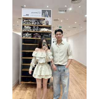 (S - 78) Set đồ đôi nam nữ couple váy jum trễ vai dài tay dáng xoè bo chun eo và áo sơmi nam cổ bẻ tay dài