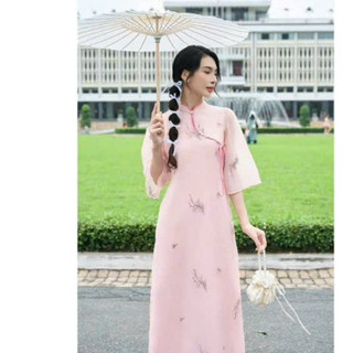 Set áo dài thời trang Nữ chuẩn vibe Tết áo tơ thêu cổ trụ truyền thống tay loe nhẹ mix quần lụa satin dài rộng suông