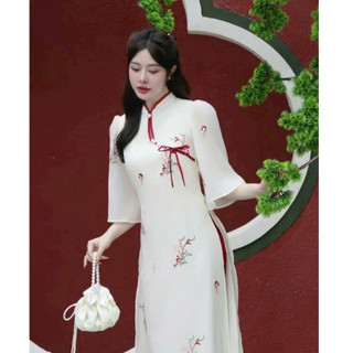 Set áo dài thời trang Nữ chuẩn vibe Tết áo tơ thêu cổ trụ truyền thống tay loe nhẹ mix quần lụa satin dài rộng suông