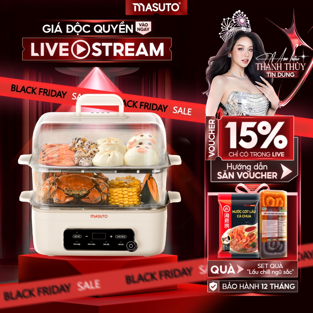 Nồi Lẩu Hấp Đa Năng 3in1 Masuto MSSteam 14,5L - Vừa Nấu Lẩu, Vừa Hấp, Vừa Hầm, Công Suất 1500W [100 Suất Tặng Set Quà]