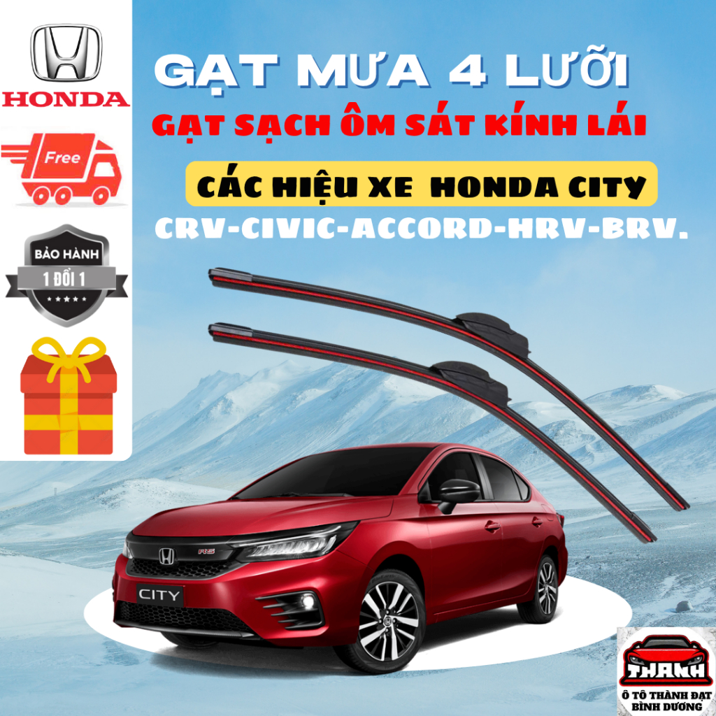Gạt Mưa Ô Tô HONDA CITY, CIVIC, BRIO, JAZZ, ODEYSSEY, CRV,BRV,CYTI,ACURA, Silicon 4 Lưỡi Gạt Sạch Êm