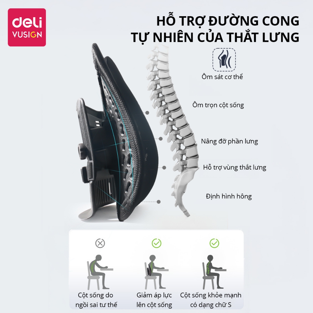 Tựa lưng ghế công thái học Deli dùng cho mọi ghế, chống còng mỏi lưng, thoáng khí abs chắc chắn cho dân văn phòng