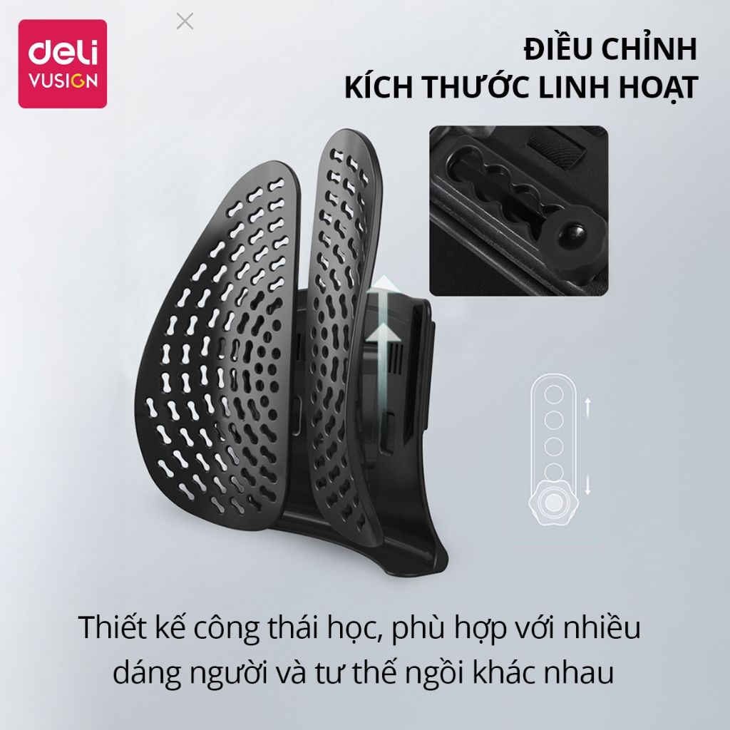 Tựa lưng ghế công thái học Deli dùng cho mọi ghế, chống còng mỏi lưng, thoáng khí abs chắc chắn cho dân văn phòng