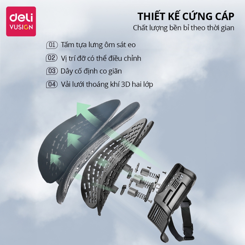 Tựa lưng ghế công thái học Deli dùng cho mọi ghế, chống còng mỏi lưng, thoáng khí abs chắc chắn cho dân văn phòng