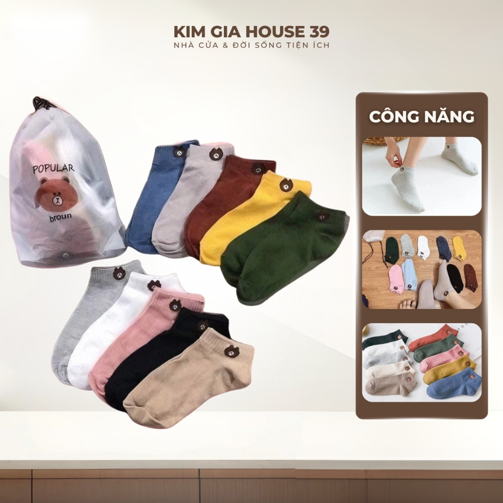 Combo 10 Đôi Tất Nữ Cổ Ngắn Hình Gấu Kute Chất Cotton Mềm Mịn Co Giãn 4 Chiều Tặng Kèm Túi Rút Xinh