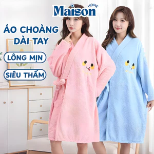 Váy Tắm Lông Cừu San Hô Tay Dài Mùa Đông MAISON Khăn Tắm Thấm Hút Nhanh, Áo Choàng Tắm Thêu Mặt Cười