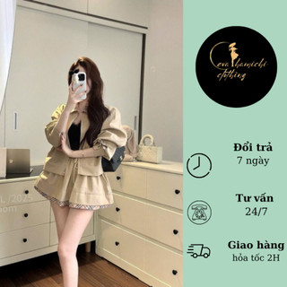Set bộ áo khoác kaki cổ sơ mi sọc có túi mix chân váy ngắn dáng xòe Eva hamichi