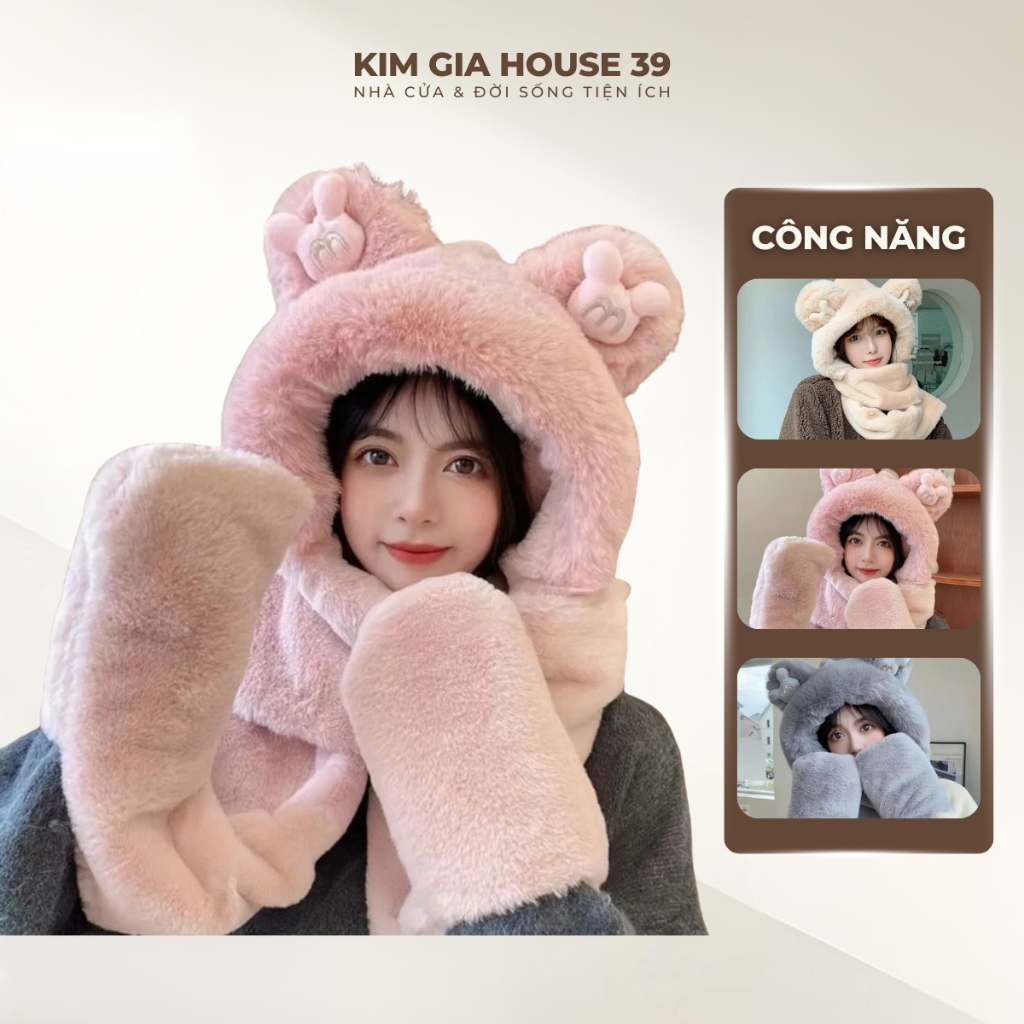 Mũ Lông Tai Gấu Nổi 3in1 Chất Lông Mềm Mịn, Thời Trang Ấm Áp